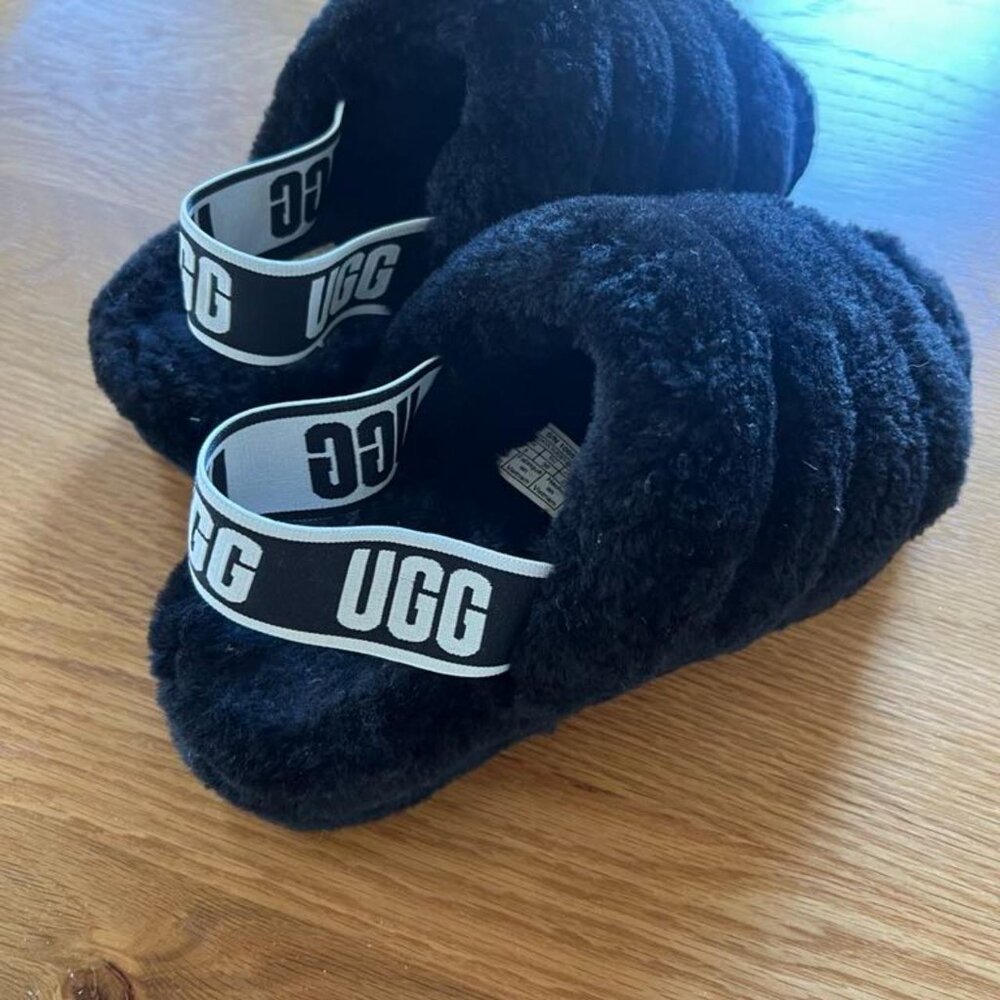 Black UGG fluffy slides with strap